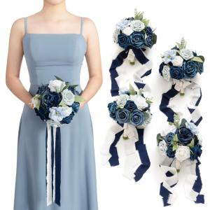 imageLings moment Artificial Bridesmaid Bouquets Set of 4Marsala Wedding Flower Bouquets White Floral Bouquet Blush Bridal Bouquets with RibbonCeremonyAnniversary7inch DiameterBludusty Blue  Navy Blue