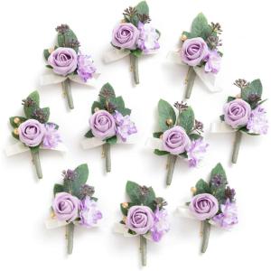 imageLings moment Boutonniere for Men 10pcs Groomsmen Guest Boutonniere Artificial Flowers for Wedding DcorPromHomecomingetcBlack Baccara BurgundyPrplpurple  Lilac