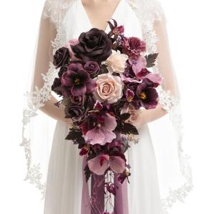 image:imageLings moment Tawny Beige and Brown Bridal Bouquet Cascading Brown Wedding Bouquets for Bride 13 Inch Bride Bouquets for Wedding Artificial Flowers BouquetsPrpldeep Plum