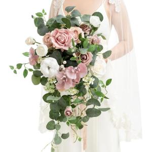 image:imageLings moment Tawny Beige and Brown Bridal Bouquet Cascading Brown Wedding Bouquets for Bride 13 Inch Bride Bouquets for Wedding Artificial Flowers BouquetsPkpink  Dusty Rose