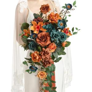 image:imageLings moment Tawny Beige and Brown Bridal Bouquet Cascading Brown Wedding Bouquets for Bride 13 Inch Bride Bouquets for Wedding Artificial Flowers BouquetsOrburnt Orange  Teal