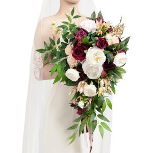 image:imageLings moment Tawny Beige and Brown Bridal Bouquet Cascading Brown Wedding Bouquets for Bride 13 Inch Bride Bouquets for Wedding Artificial Flowers BouquetsBurgundy  Blush
