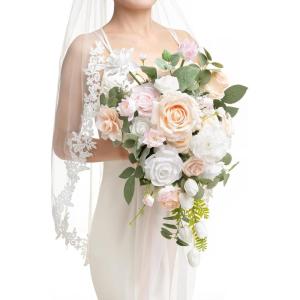 image:imageLings moment Tawny Beige and Brown Bridal Bouquet Cascading Brown Wedding Bouquets for Bride 13 Inch Bride Bouquets for Wedding Artificial Flowers BouquetsPkcream  Blush