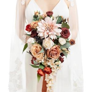 image:imageLings moment Tawny Beige and Brown Bridal Bouquet Cascading Brown Wedding Bouquets for Bride 13 Inch Bride Bouquets for Wedding Artificial Flowers BouquetsOrchic Terracotta
