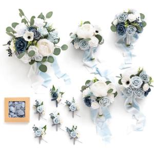 image:imageLings moment Wedding Artificial Flowers Package Bridal Bouquet Bridesmaid Bouquets Boutonniere for Men Rose PetalsDark Teal Burnt OrangeBlublue