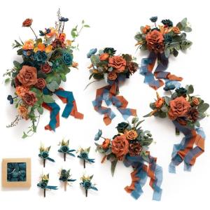 image:imageLings moment Wedding Artificial Flowers Package Bridal Bouquet Bridesmaid Bouquets Boutonniere for Men Rose PetalsDark Teal Burnt OrangeOrdark Teal  Burnt Orange