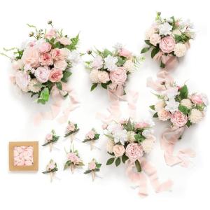 image:imageLings moment Wedding Artificial Flowers Package Bridal Bouquet Bridesmaid Bouquets Boutonniere for Men Rose PetalsDark Teal Burnt OrangePkblush  Pink