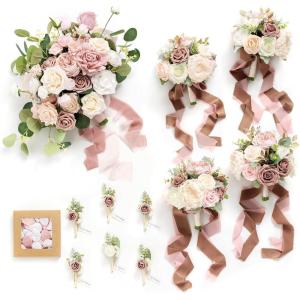 image:imageLings moment Wedding Artificial Flowers Package Bridal Bouquet Bridesmaid Bouquets Boutonniere for Men Rose PetalsDark Teal Burnt OrangePkdusty Rose  Cream