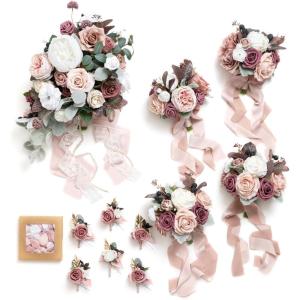 image:imageLings moment Wedding Artificial Flowers Package Bridal Bouquet Bridesmaid Bouquets Boutonniere for Men Rose PetalsDark Teal Burnt OrangePkdusty Rose Muave