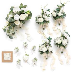 image:imageLings moment Wedding Artificial Flowers Package Bridal Bouquet Bridesmaid Bouquets Boutonniere for Men Rose PetalsDark Teal Burnt OrangeWhtwhite Sage