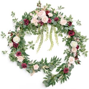 image:imageLings moment 9FT Spring Flower Garland Wedding Arch Flowers for Backdrop Decoration Eucalyptus amp Rose Artificial Floral Garland for Mantle  Sweetheart Head Table Decor for Reception Dusty BlueRedmarsala