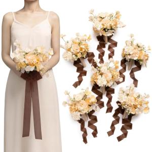 image:imageLings moment Artificial Bridesmaid Bouquets Set of 6Burgundy Wedding Flower Bouquets Pink Floral Bouquet Mashala Bridal Bouquets with RibbonCeremonyAnniversary7inch DiameterBrnsoft Peach  Brown