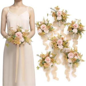 image:imageLings moment Artificial Bridesmaid Bouquets Set of 6Burgundy Wedding Flower Bouquets Pink Floral Bouquet Mashala Bridal Bouquets with RibbonCeremonyAnniversary7inch DiameterPksand Beige