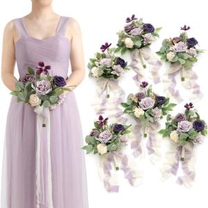 image:imageLings moment Artificial Bridesmaid Bouquets Set of 6Burgundy Wedding Flower Bouquets Pink Floral Bouquet Mashala Bridal Bouquets with RibbonCeremonyAnniversary7inch DiameterPrpllilac  Gold