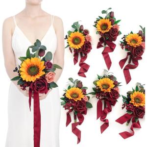 image:imageLings moment Artificial Bridesmaid Bouquets Set of 6Burgundy Wedding Flower Bouquets Pink Floral Bouquet Mashala Bridal Bouquets with RibbonCeremonyAnniversary7inch DiameterYlwsunflower