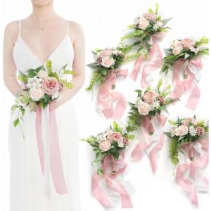 image:imageLings moment Artificial Bridesmaid Bouquets Set of 6Burgundy Wedding Flower Bouquets Pink Floral Bouquet Mashala Bridal Bouquets with RibbonCeremonyAnniversary7inch DiameterPkdusty Rose  Cream