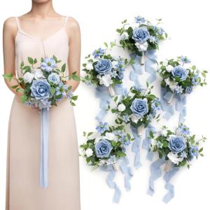 image:imageLings moment Artificial Bridesmaid Bouquets Set of 6Burgundy Wedding Flower Bouquets Pink Floral Bouquet Mashala Bridal Bouquets with RibbonCeremonyAnniversary7inch DiameterBldusty Blue  Cream