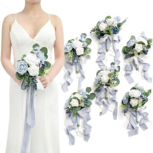 image:imageLings moment Artificial Bridesmaid Bouquets Set of 6Burgundy Wedding Flower Bouquets Pink Floral Bouquet Mashala Bridal Bouquets with RibbonCeremonyAnniversary7inch DiameterBludusty Blue  Navy Blue