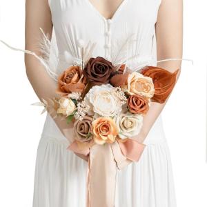 image:imageLings moment Artificial Wedding Flower Bouquets for Bridesmaids Ivory Floral Bouquet Beige Bridal Bouquets for Bridesmaids with Ribbon Ceremony Anniversary7inch DiameterOrrust Boho  Terracotta