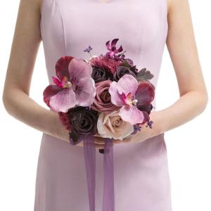 image:imageLings moment Artificial Wedding Flower Bouquets for Bridesmaids Ivory Floral Bouquet Beige Bridal Bouquets for Bridesmaids with Ribbon Ceremony Anniversary7inch DiameterDeep Plum