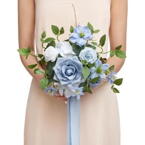image:imageLings moment Artificial Wedding Flower Bouquets for Bridesmaids Ivory Floral Bouquet Beige Bridal Bouquets for Bridesmaids with Ribbon Ceremony Anniversary7inch DiameterBluposydusty Blue  Navy