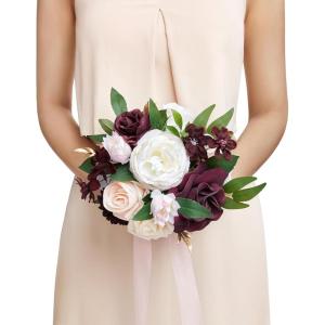 image:imageLings moment Artificial Wedding Flower Bouquets for Bridesmaids Ivory Floral Bouquet Beige Bridal Bouquets for Bridesmaids with Ribbon Ceremony Anniversary7inch DiameterRedmarsala  Blush