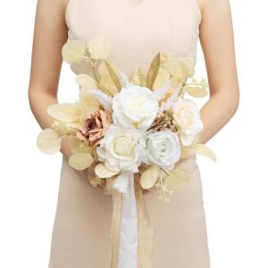 image:imageLings moment Artificial Wedding Flower Bouquets for Bridesmaids Ivory Floral Bouquet Beige Bridal Bouquets for Bridesmaids with Ribbon Ceremony Anniversary7inch DiameterWhtwhite  Beige