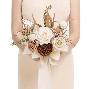 image:imageLings moment Artificial Wedding Flower Bouquets for Bridesmaids Ivory Floral Bouquet Beige Bridal Bouquets for Bridesmaids with Ribbon Ceremony Anniversary7inch DiameterBrtawny Beige