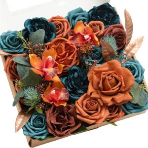 image:imageLings Moment Fake Flowers Box Faux Peony Artificial Dahlia Foam Roses Silk Carnation for Centerpiece Bouquet Wedding Floral Arrangement Bridal Shower Party Earth Brown amp Butter Yellow Deluxe ComboOrteal  Burnt Orange
