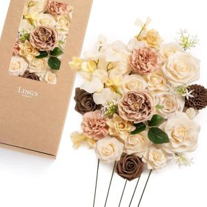 image:imageLings Moment Fake Flowers Box Faux Peony Artificial Dahlia Foam Roses Silk Carnation for Centerpiece Bouquet Wedding Floral Arrangement Bridal Shower Party Earth Brown amp Butter Yellow Deluxe ComboBrnearth Brown  Butter Yellow