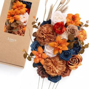 image:imageLings Moment Fake Flowers Box Faux Peony Artificial Dahlia Foam Roses Silk Carnation for Centerpiece Bouquet Wedding Floral Arrangement Bridal Shower Party Earth Brown amp Butter Yellow Deluxe ComboOrorange  Navy