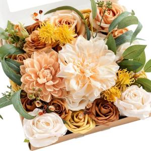image:imageLings Moment Fake Flowers Box Faux Peony Artificial Dahlia Foam Roses Silk Carnation for Centerpiece Bouquet Wedding Floral Arrangement Bridal Shower Party Earth Brown amp Butter Yellow Deluxe ComboOrcream  Apricot