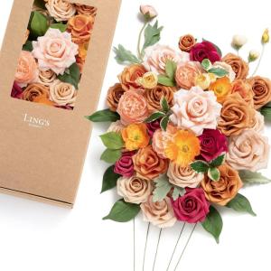 image:imageLings Moment Fake Flowers Box Faux Peony Artificial Dahlia Foam Roses Silk Carnation for Centerpiece Bouquet Wedding Floral Arrangement Bridal Shower Party Earth Brown amp Butter Yellow Deluxe ComboOrorange  Soft Peach