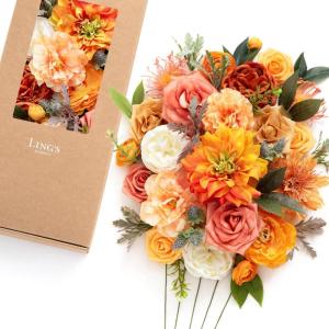 image:imageLings Moment Fake Flowers Box Faux Peony Artificial Dahlia Foam Roses Silk Carnation for Centerpiece Bouquet Wedding Floral Arrangement Bridal Shower Party Earth Brown amp Butter Yellow Deluxe ComboOrvintage Coral  Orange
