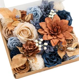 image:imageLings Moment Fake Flowers Box Faux Peony Artificial Dahlia Foam Roses Silk Carnation for Centerpiece Bouquet Wedding Floral Arrangement Bridal Shower Party Earth Brown amp Butter Yellow Deluxe ComboOrburnt Orange  Navy