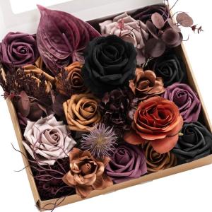 image:imageLings Moment Fake Flowers Box Faux Peony Artificial Dahlia Foam Roses Silk Carnation for Centerpiece Bouquet Wedding Floral Arrangement Bridal Shower Party Earth Brown amp Butter Yellow Deluxe ComboBlkblack  Orange  Purple