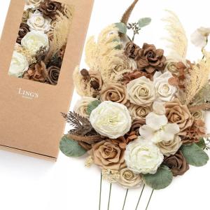 image:imageLings Moment Fake Flowers Box Faux Peony Artificial Dahlia Foam Roses Silk Carnation for Centerpiece Bouquet Wedding Floral Arrangement Bridal Shower Party Earth Brown amp Butter Yellow Deluxe ComboBegearth Brown  Tawny Beige