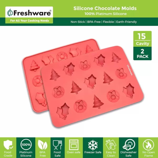 imageFreshware 12Cavity Petite Silicone Mold for Soap Bread Loaf Muffin Brownie Cornbread Cheesecake Pudding and MoreChristmas 15 Cup 2Pack