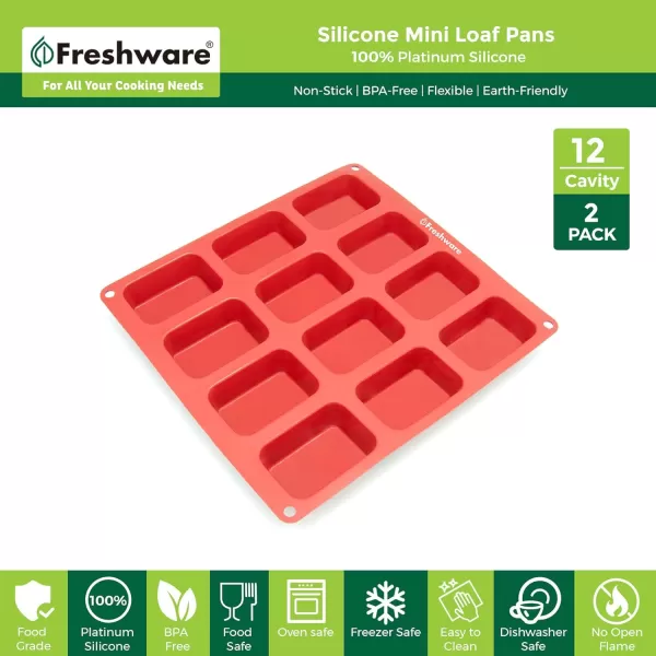 imageFreshware 12Cavity Petite Silicone Mold for Soap Bread Loaf Muffin Brownie Cornbread Cheesecake Pudding and MorePetite Loaf 12Cup 2Pack