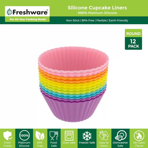 imageFreshware 12Pack Silicone Jumbo Round Reusable Cupcake and Muffin Baking Cup Six Vibrant ColorsRainbow Round 12Pack