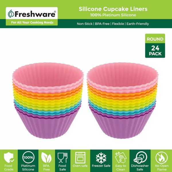 imageFreshware 12Pack Silicone Jumbo Round Reusable Cupcake and Muffin Baking Cup Six Vibrant ColorsRainbow Round 24Pack