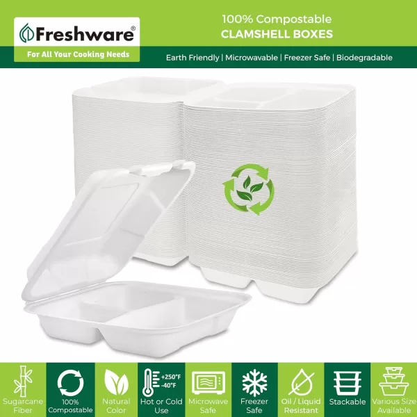 imageFreshware Clamshell Containers 8 x 8 Inch 3Compartment 200Pack White8 x 8 Inch  3Compartment  50Pack