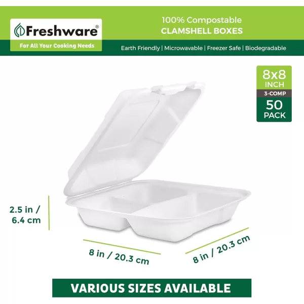 imageFreshware Clamshell Containers 8 x 8 Inch 3Compartment 200Pack White8 x 8 Inch  3Compartment  50Pack