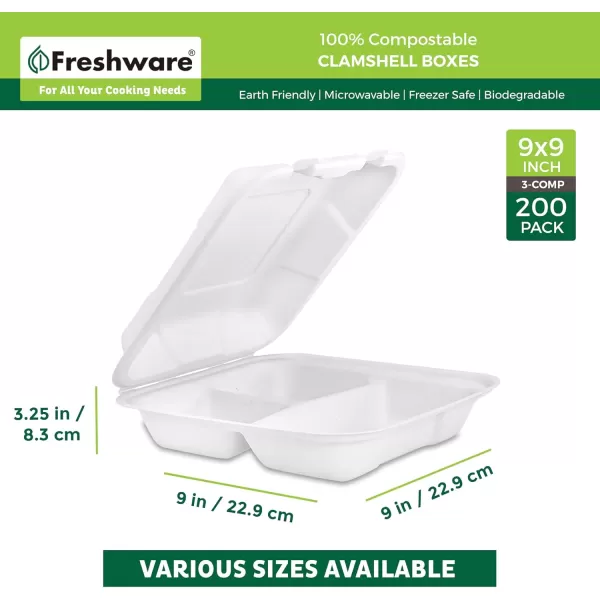 imageFreshware Clamshell Containers 8 x 8 Inch 3Compartment 200Pack White9 x 9 Inch  3Compartment  200Pack