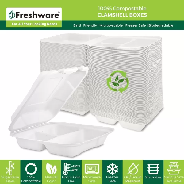 imageFreshware Clamshell Containers 8 x 8 Inch 3Compartment 200Pack White9 x 9 Inch  3Compartment  200Pack