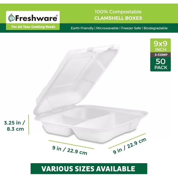 imageFreshware Clamshell Containers 8 x 8 Inch 3Compartment 200Pack White9 x 9 Inch  3Compartment  50Pack