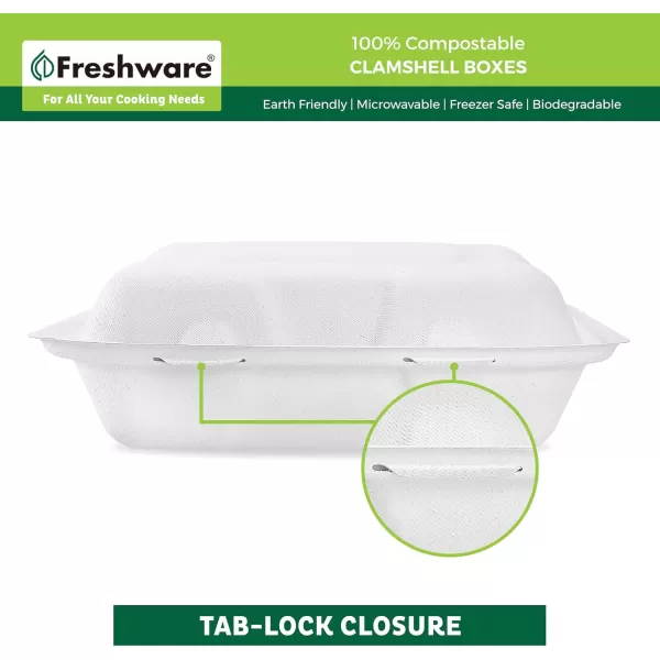 imageFreshware Clamshell Containers 8 x 8 Inch 3Compartment 200Pack White9 x 9 Inch  3Compartment  50Pack