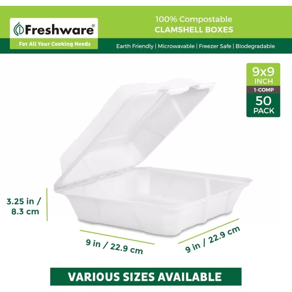 imageFreshware Compostable Clamshell Food Containers 9x6quot 250Pack Disposable To Go Containers Biodegradable Sugarcane To Go Boxes  Heavy Duty Paper Containers  Microwave ampamp Freezer Safe Stackable9 x 9 Inch  50Pack