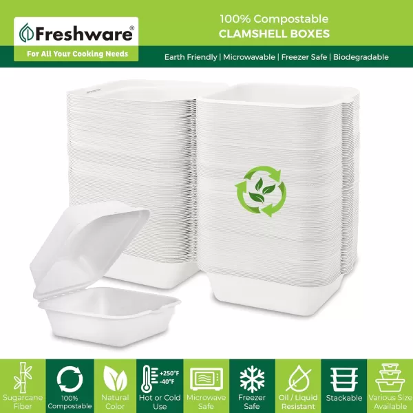 imageFreshware Compostable Clamshell Food Containers 9x6quot 250Pack Disposable To Go Containers Biodegradable Sugarcane To Go Boxes  Heavy Duty Paper Containers  Microwave ampamp Freezer Safe Stackable6 x 6 Inch  50Pack