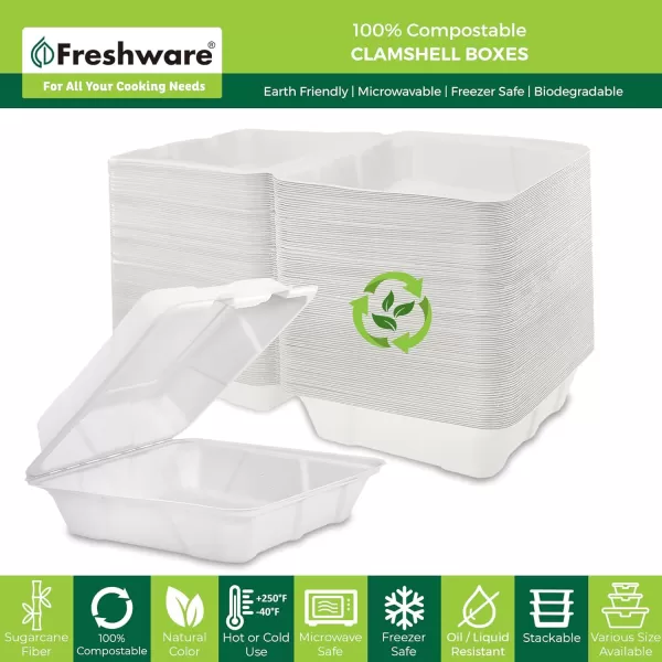 imageFreshware Compostable Clamshell Food Containers 9x6quot 250Pack Disposable To Go Containers Biodegradable Sugarcane To Go Boxes  Heavy Duty Paper Containers  Microwave ampamp Freezer Safe Stackable8 x 8 Inch  200Pack